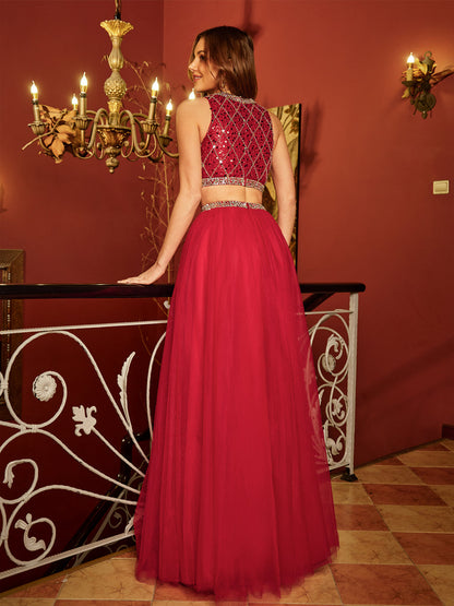 A-Line/Princess Scoop Sleeveless Tulle Sequins Two Piece Long Formal Dresses