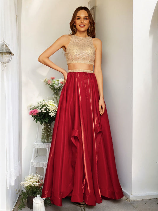 A-Line/Princess Scoop Sleeveless Sequins Two-Piece Long Formal Dresses