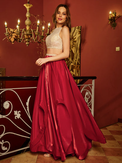 A-Line/Princess Scoop Sleeveless Sequins Two-Piece Long Formal Dresses
