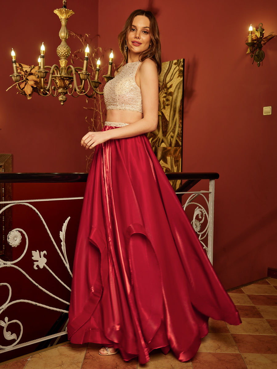 A-Line/Princess Scoop Sleeveless Sequins Two-Piece Long Formal Dresses