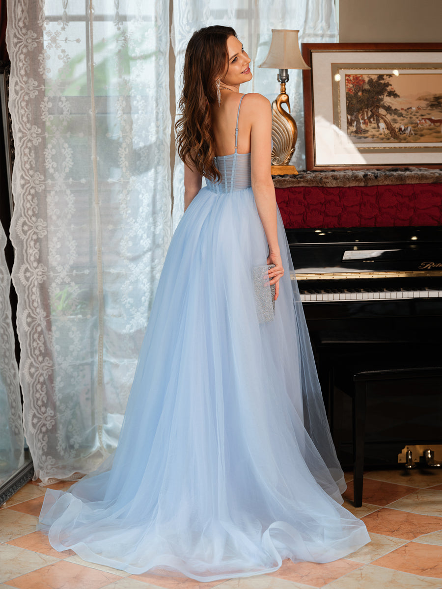 A-Line/Princess Spaghetti Straps Split Side Sleeveless Long Formal Dresses