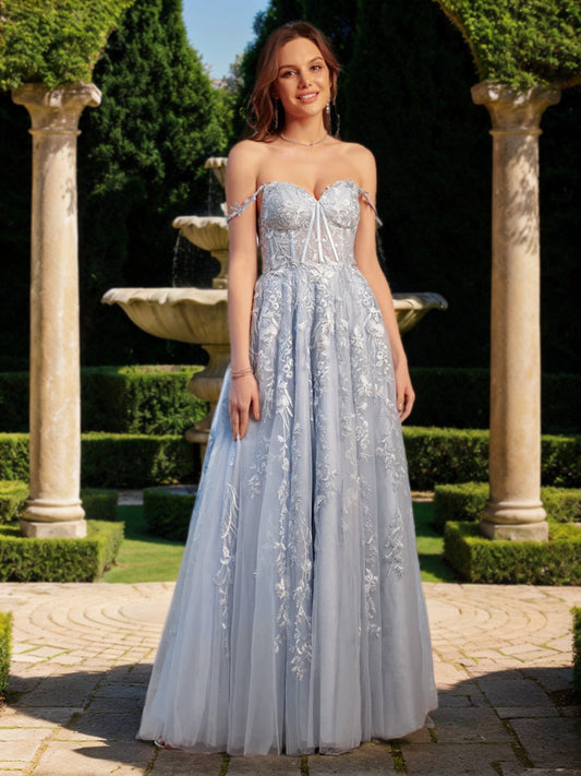 A-Line/Princess Sweetheart Applique Tulle Long Formal Dresses