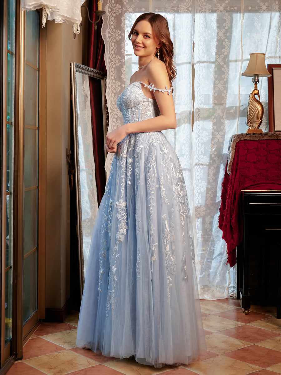 A-Line/Princess Sweetheart Applique Tulle Long Formal Dresses