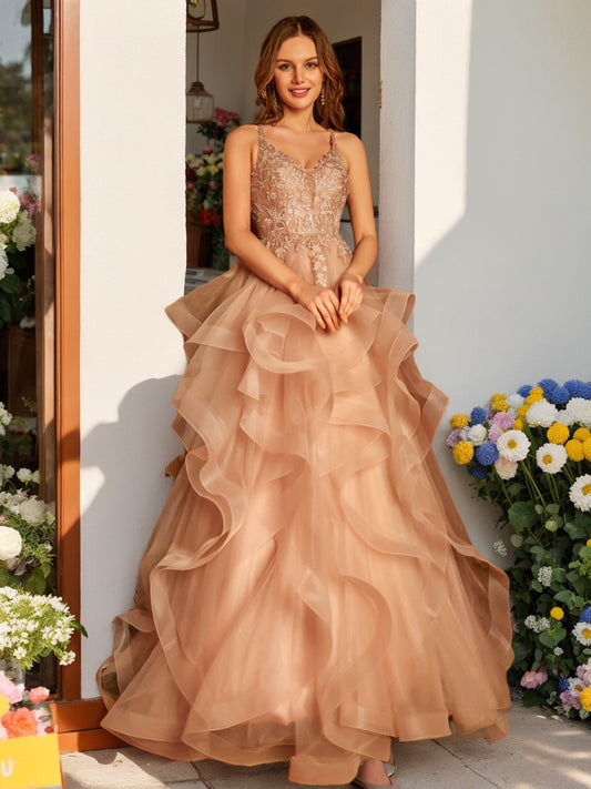 A-Line/Princess V-Neck Applique Sequins Tulle Long Formal Dresses