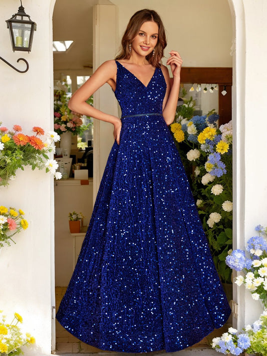 A-Line/Princess V-Neck Long Formal Dresses with Belt