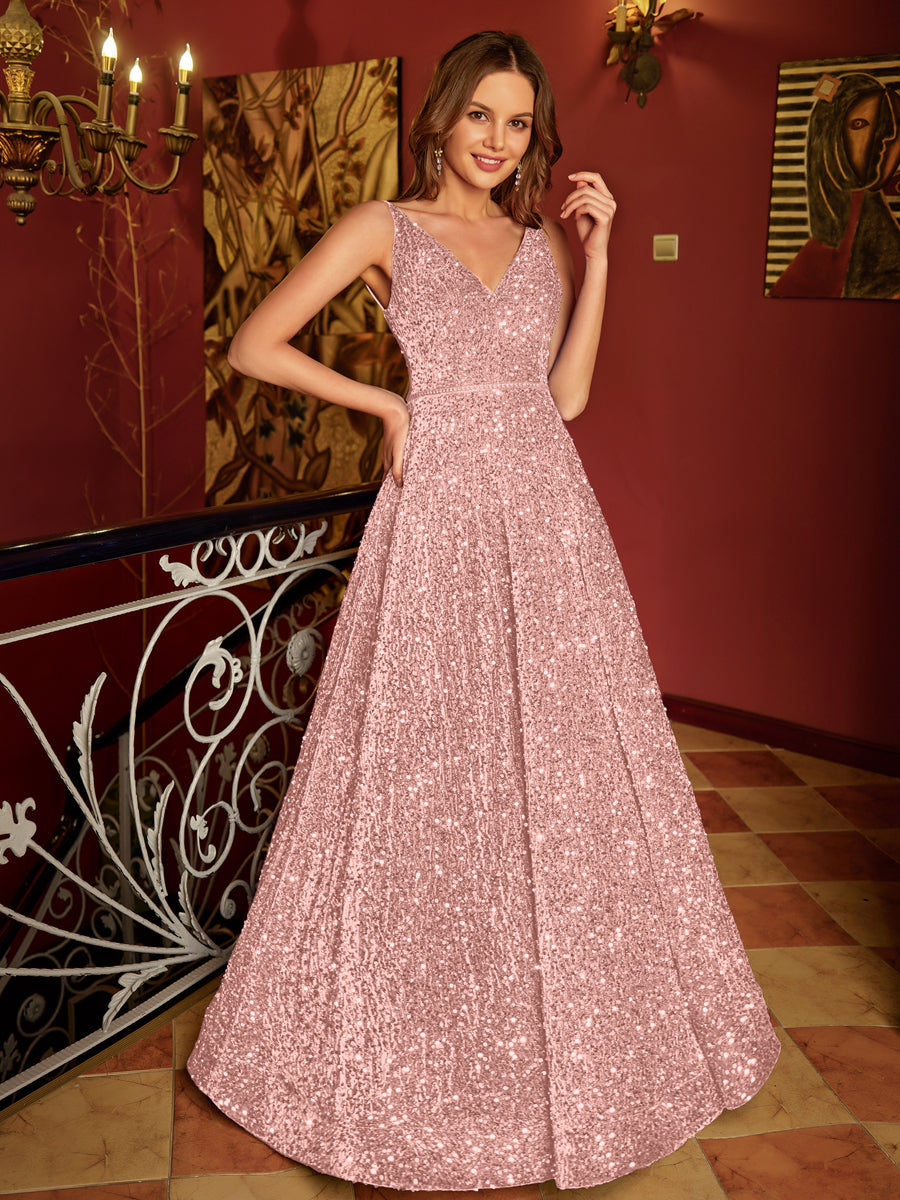 A-Line/Princess V-Neck Long Formal Dresses with Belt