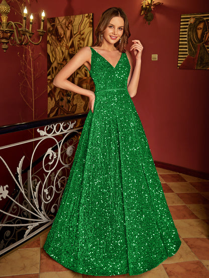 A-Line/Princess V-Neck Long Formal Dresses with Belt
