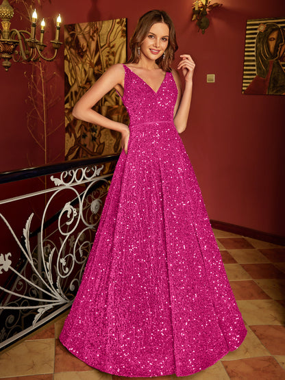 A-Line/Princess V-Neck Long Formal Dresses with Belt