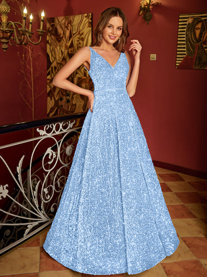 A-Line/Princess V-Neck Long Formal Dresses with Belt