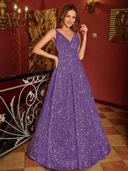 A-Line/Princess V-Neck Long Formal Dresses with Belt