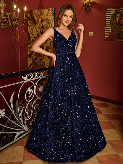 A-Line/Princess V-Neck Long Formal Dresses with Belt