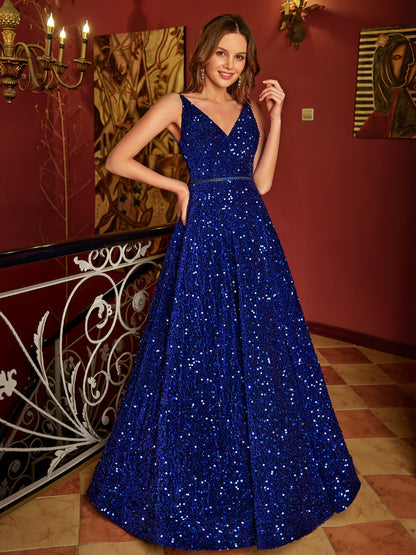 A-Line/Princess V-Neck Long Formal Dresses with Belt