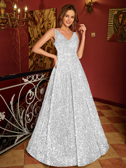 A-Line/Princess V-Neck Long Formal Dresses with Belt