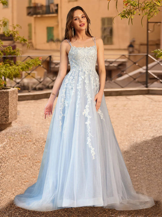 A-Line/Princess Tulle Spaghetti Straps Applique Long Formal Dresses