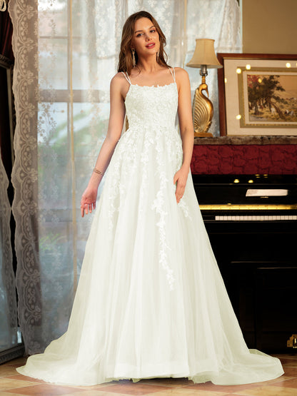 A-Line/Princess Tulle Spaghetti Straps Applique Long Formal Dresses