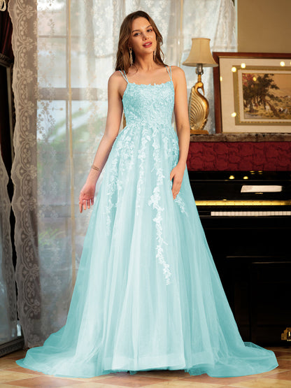 A-Line/Princess Tulle Spaghetti Straps Applique Long Formal Dresses