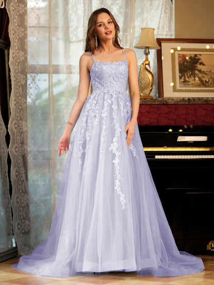 A-Line/Princess Tulle Spaghetti Straps Applique Long Formal Dresses