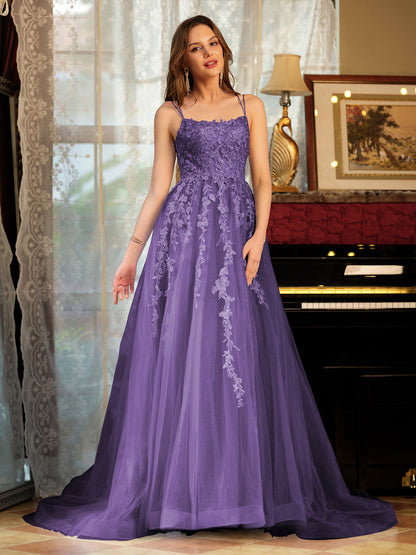 A-Line/Princess Tulle Spaghetti Straps Applique Long Formal Dresses