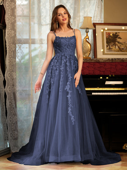 A-Line/Princess Tulle Spaghetti Straps Applique Long Formal Dresses