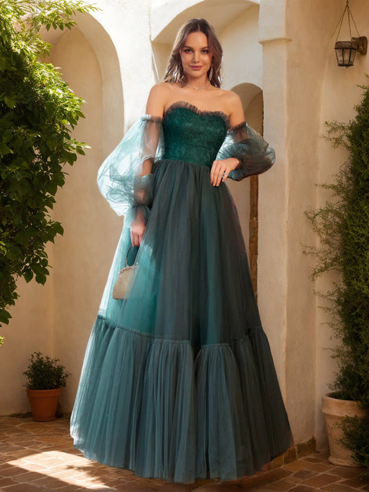 A-Line/Princess Tulle Sweetheart Long Formal Dresses