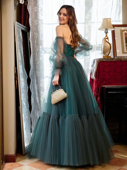A-Line/Princess Tulle Sweetheart Long Formal Dresses