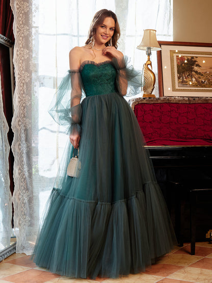 A-Line/Princess Tulle Sweetheart Long Formal Dresses