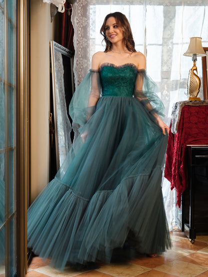 A-Line/Princess Tulle Sweetheart Long Formal Dresses