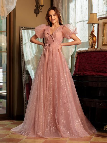A-Line/Princess V-Neck Split Side Long Formal Dresses with Bow-Knot
