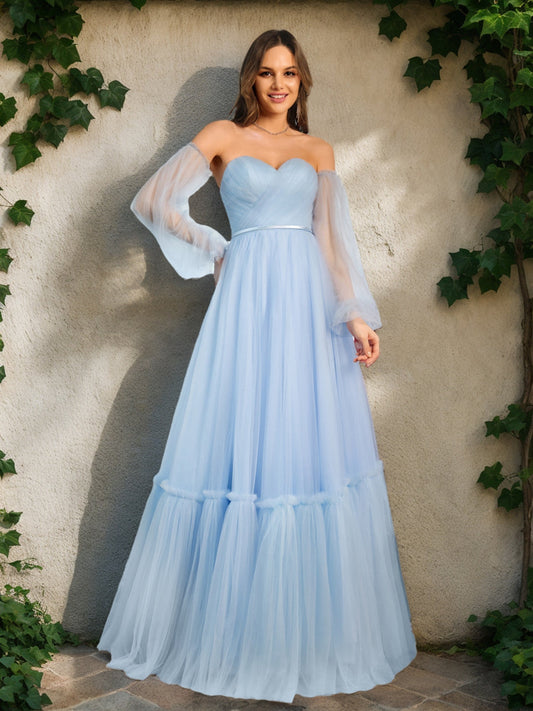 A-Line/Princess Tulle Sweetheart Long Formal Dresses with Belt