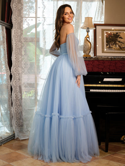 A-Line/Princess Tulle Sweetheart Long Formal Dresses with Belt
