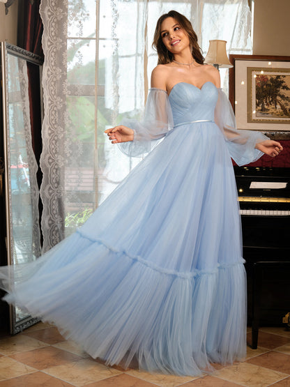 A-Line/Princess Tulle Sweetheart Long Formal Dresses with Belt
