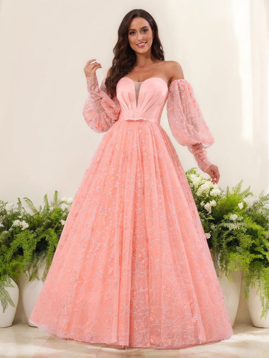A-Line/Princess Sweetheart Long Formal Dresses with Detachable Sleeves