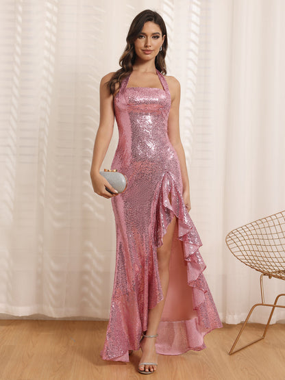 Sheath/Column Halter Long Formal Dresses with Sequins & Split Side
