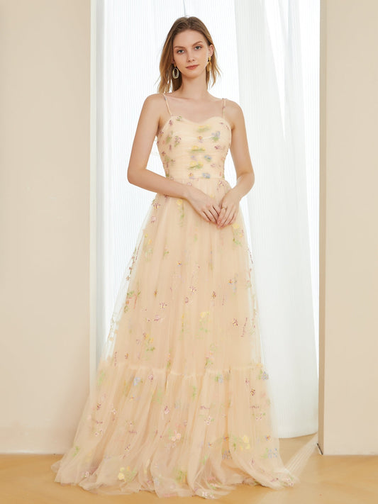 Retro A-Line Tulle Embroidery Long Formal Dresses with Spaghetti Straps