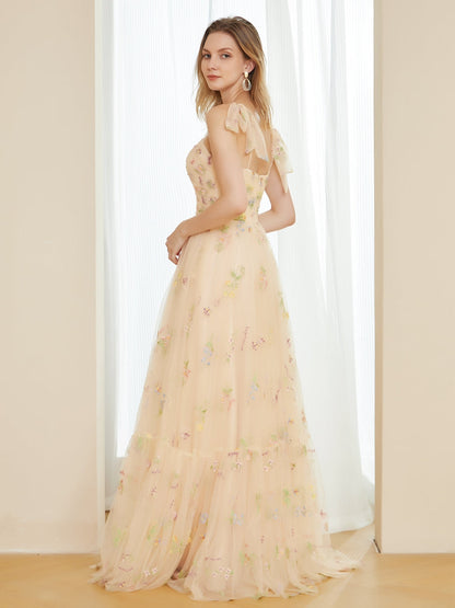 Retro A-Line Tulle Embroidery Long Formal Dresses with Spaghetti Straps
