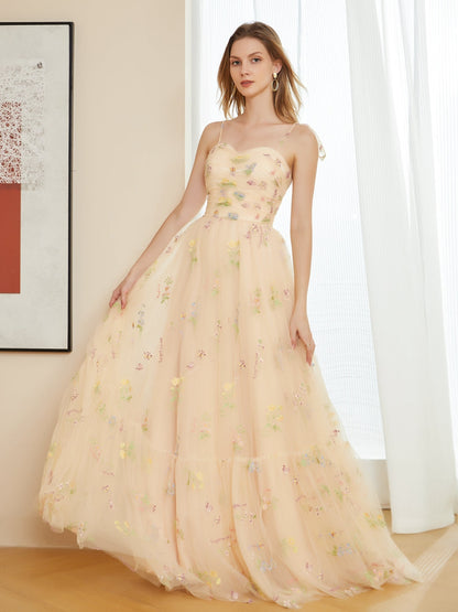 Retro A-Line Tulle Embroidery Long Formal Dresses with Spaghetti Straps