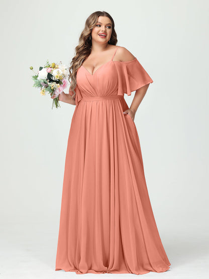 Lavetir A-Line/Princess Spaghetti Straps Half Sleeves Chiffon Plus Size Bridesmaid Dresses with Pockets 9658002 - Lavetir AU Lavetir A-Line/Princess Spaghetti Straps Half Sleeves Chiffon Plus Size Bridesmaid Dresses with Pockets 9658002 - Lavetir AU