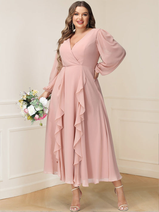 A-Line/Princess V-Neck Long Sleeves Chiffon Tea-Length Ruffles Plus Size Mother of the Bride Dresses with Pockets