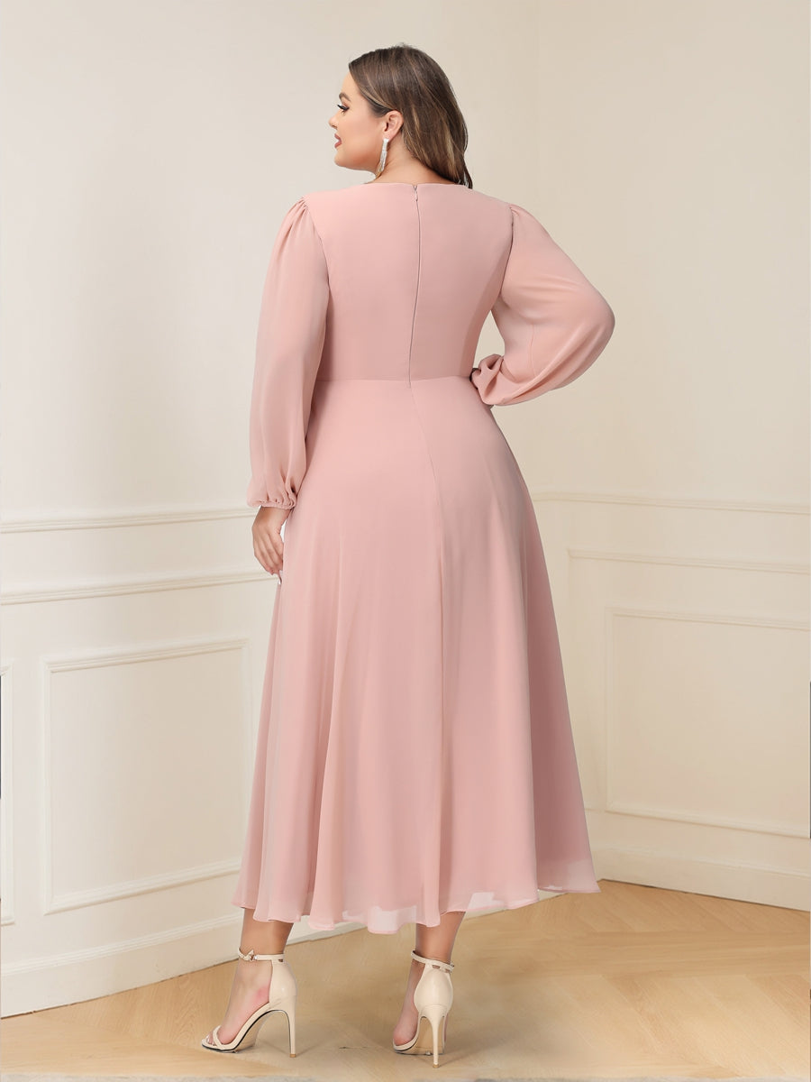 A-Line/Princess V-Neck Long Sleeves Chiffon Tea-Length Ruffles Plus Size Mother of the Bride Dresses with Pockets
