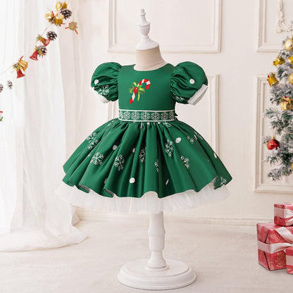 A-Line/Princess Scoop Puff Sleeves Pleated Christmas Dresses for Girls