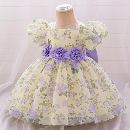 Ball Gown Scoop Puff Sleeves Flower Girl Dresses with Solid Flowers