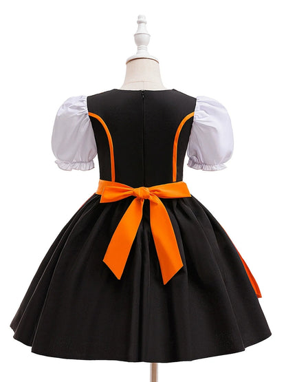 Ball Gown Square Neck Short Puff Sleeves Tea-Length Halloween Dresses for Girls With Bowknot & Pleats