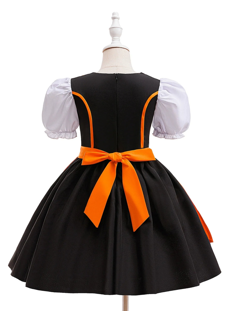 Ball Gown Square Neck Short Puff Sleeves Tea-Length Halloween Dresses for Girls With Bowknot & Pleats