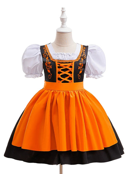 Ball Gown Square Neck Short Puff Sleeves Tea-Length Halloween Dresses for Girls With Bowknot & Pleats