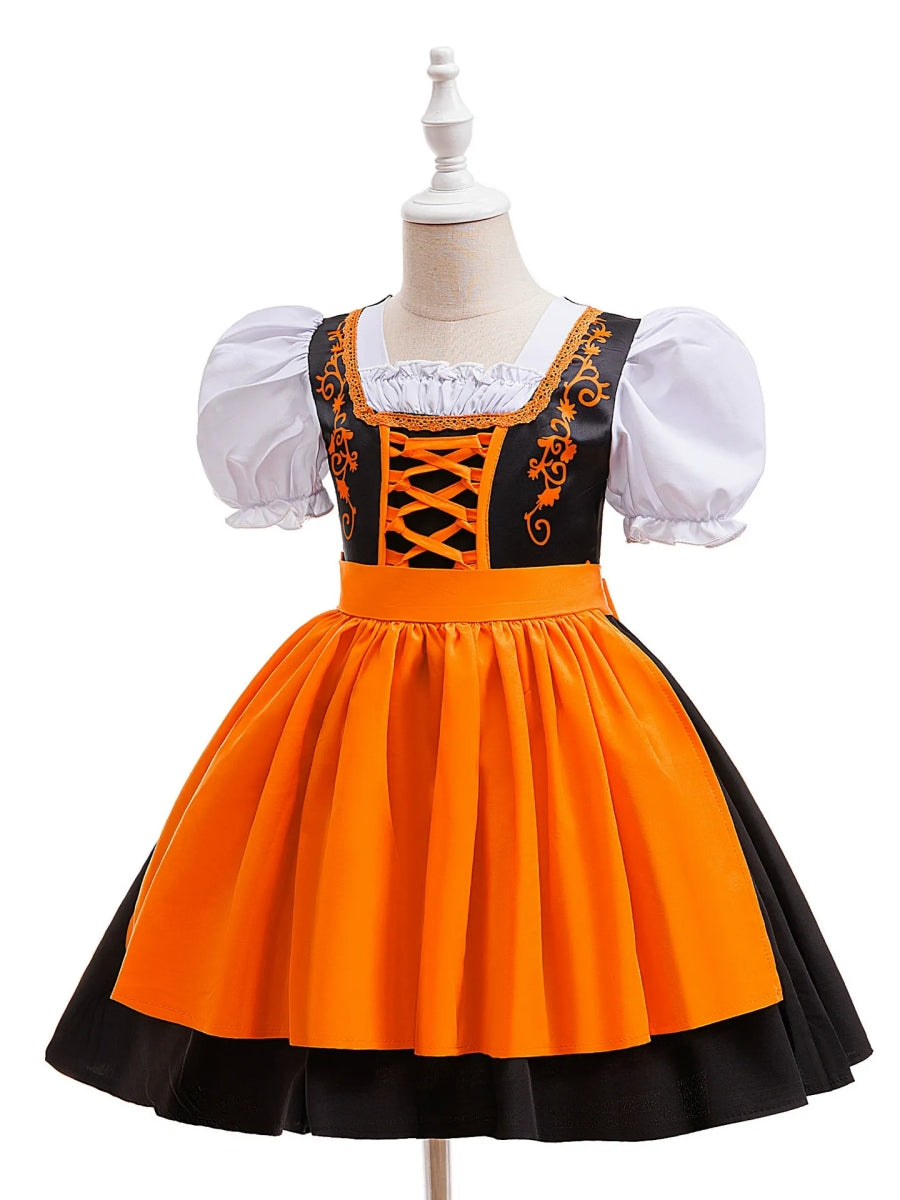 Ball Gown Square Neck Short Puff Sleeves Tea-Length Halloween Dresses for Girls With Bowknot & Pleats