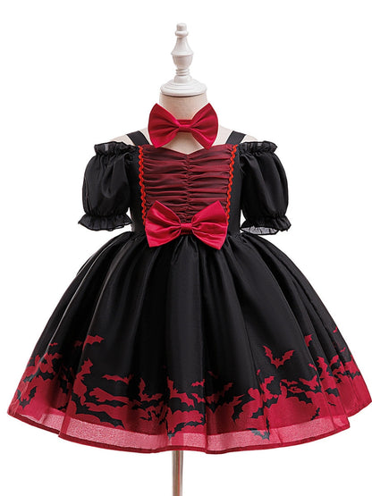 Ball Gown V-Neck Puff Sleeves Tea-Length Halloween Dresses for Girls With Bowknots & Pleats