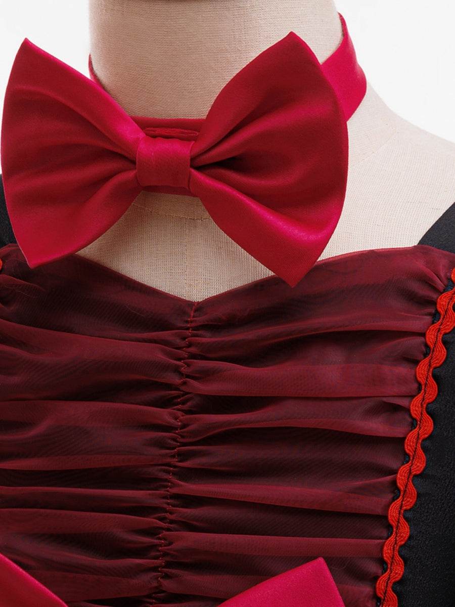 Ball Gown V-Neck Puff Sleeves Tea-Length Halloween Dresses for Girls With Bowknots & Pleats