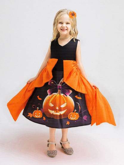 Ball Gown Crew-Neck Sleeveless Tea-Length Printed Halloween Dresses for Girls With Bowknot