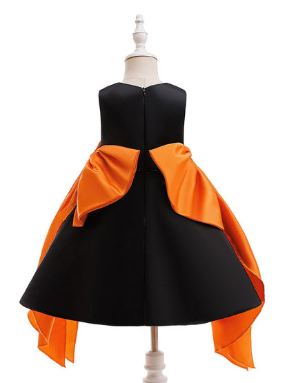 Ball Gown Crew-Neck Sleeveless Tea-Length Printed Halloween Dresses for Girls With Bowknot