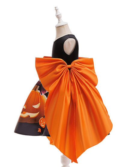 Ball Gown Crew-Neck Sleeveless Tea-Length Printed Halloween Dresses for Girls With Bowknot